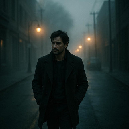 Portrait of a handsome man in a black coat on the street at night