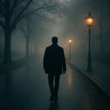 Man walking on a foggy alley in the city at night.