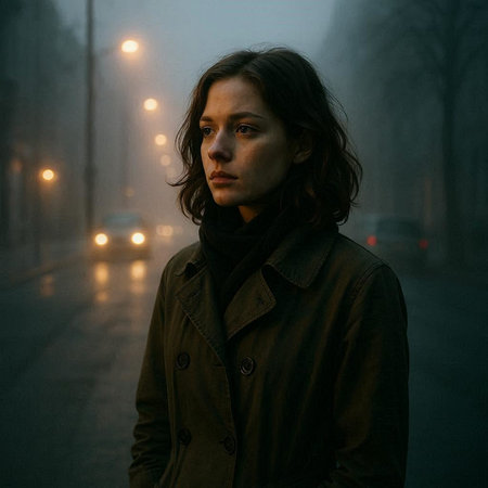 Portrait of a young brunette woman in a coat on the street at night.