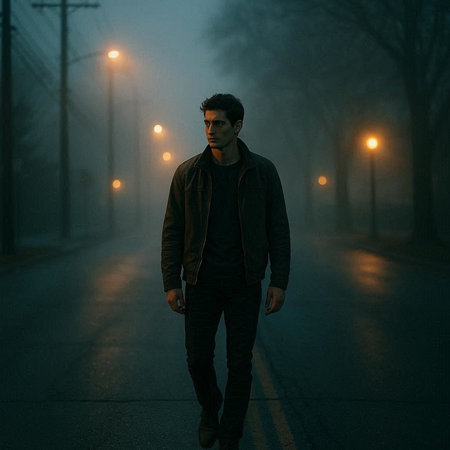 Handsome young man walking on a foggy street at night