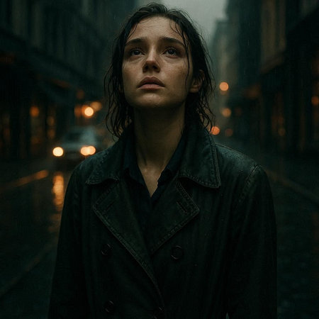 Portrait of a young man in a raincoat on the street.