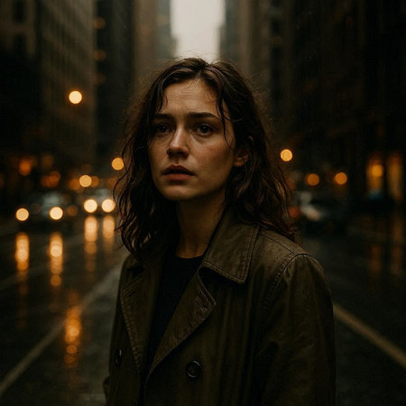 Portrait of a beautiful woman in a raincoat on a rainy day
