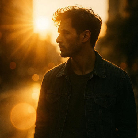 Handsome young man in jeans jacket and sunglasses on the street at sunset.