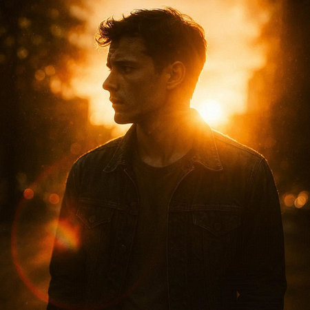 Portrait of a young handsome man in the city at sunset.