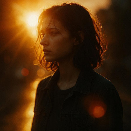 Portrait of a beautiful young brunette woman in the rays of the setting sun