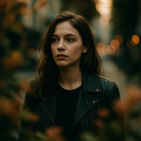 Portrait of a beautiful young woman in a black leather jacket on a background of autumn park.