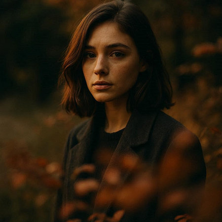Portrait of a beautiful brunette girl in the autumn forest.