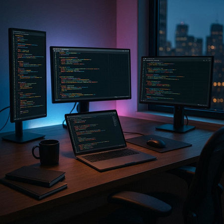 Computer workstation in dark room with night city view. 3d rendering