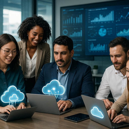 smiling multicultural businesspeople using laptop with cloud computing icons in office