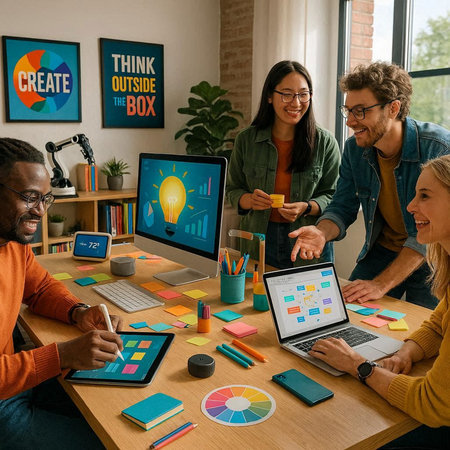 Multiethnic team of designers working together in creative office and using gadgets