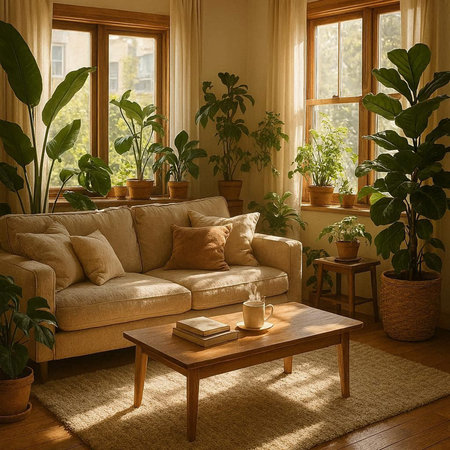 Cozy living room interior with sofa, coffee table and houseplantsの写真素材