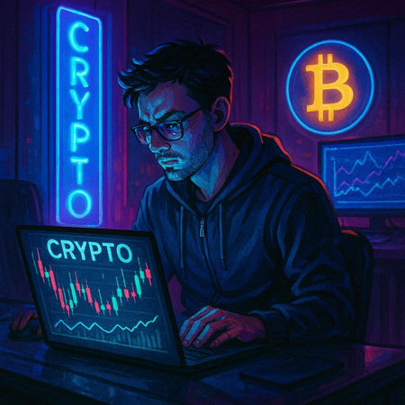 Young man in glasses works on a laptop with a graph on the screen. Cryptocurrency concept.