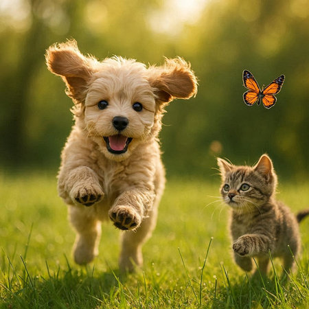 Puppy and kitten playing together in the grass. Cat and dogの写真素材