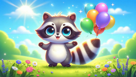 cute raccoon with balloons in the meadow. vector illustrationの写真素材