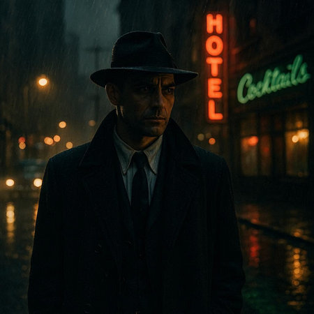 Portrait of a man in a black coat and a hat on the background of the night city.