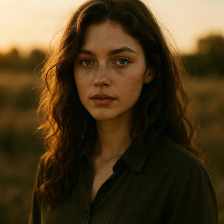 Portrait of a young beautiful woman in a field at sunset.