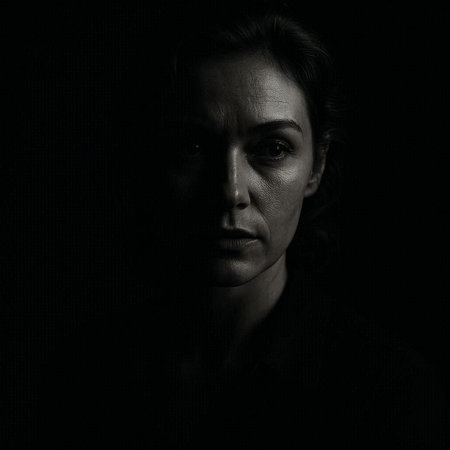 Portrait of a young woman in a dark room. Black and white
