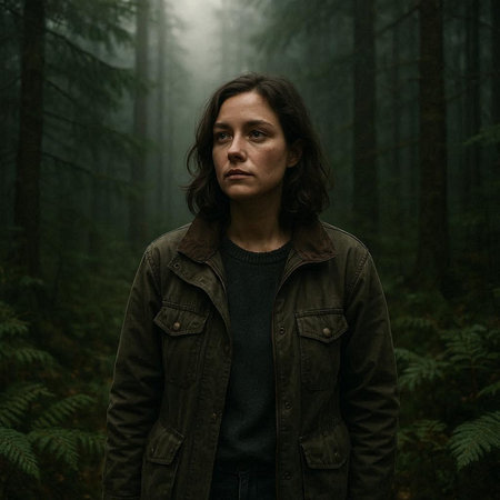 young man in a dark forest in the fog, wearing a khaki jacket and jeans