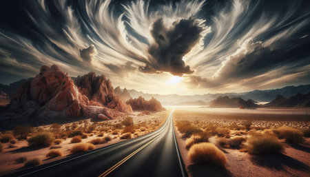 Road through the desert with clouds in the sky, California, USA