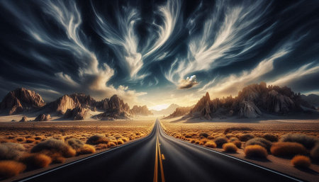 Road in the desert with mountains and clouds. 3d rendering.