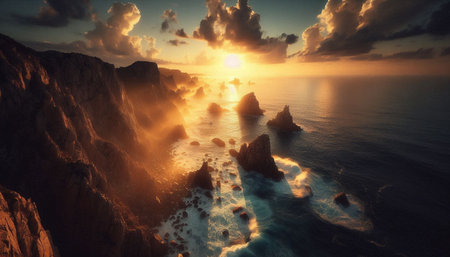 Beautiful seascape at sunset. Aerial view of cliffs and sea.
