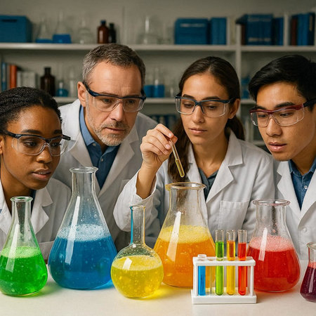 Group of multiethnic scientists working with liquids in a laboratory.の写真素材