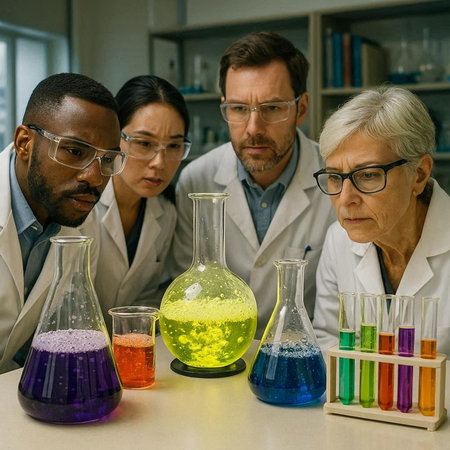 Group of scientists in lab coats and glasses working with chemicals in laboratory