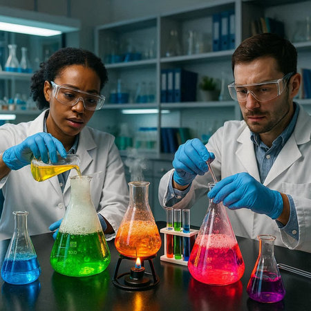 Two scientists working in the laboratory. They are holding test tubes with colored liquid.