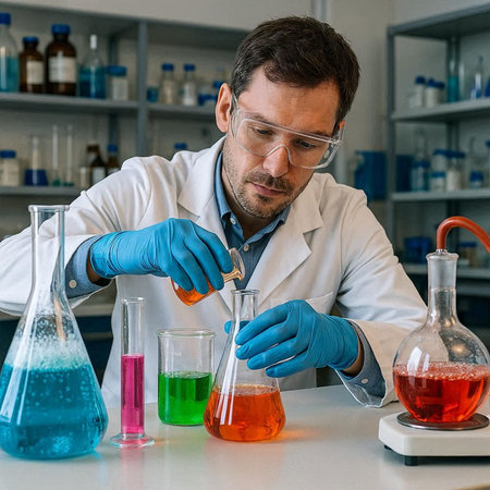 Scientist working in laboratory. Confident mature man in white coat and blue gloves holding flask...