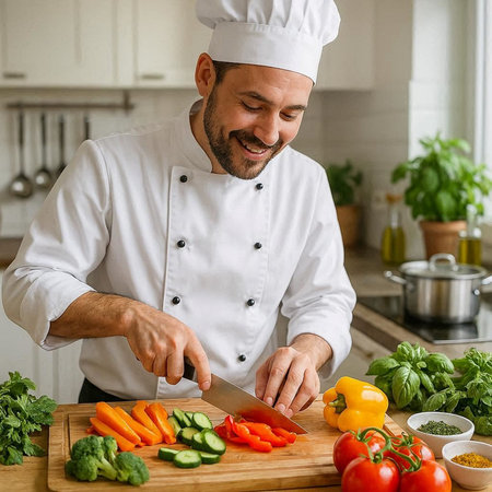 Chef Cutting Vegetables On Chopping Board In Modern Kitchen.