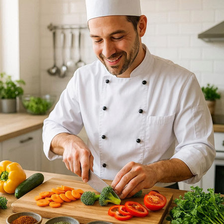 Chef cutting vegetables in the kitchen at home. Healthy food concept.