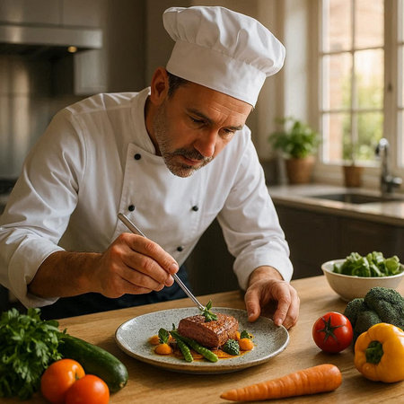 Bearded male chef in white uniform and hat cooking delicious steak in the kitchen.