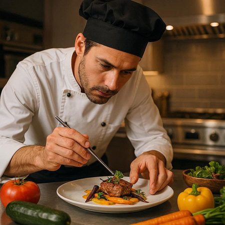 Portrait of a male chef in a white uniform cooking in the kitchen.