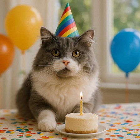 Cute cat with birthday cake and colorful balloons in the background.の写真素材