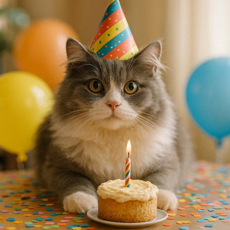 Cute fluffy cat with birthday cake and party hat on the tableの写真素材
