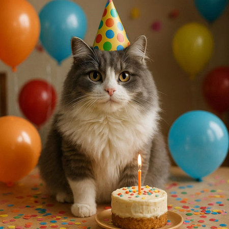 Cute cat with birthday cake and colorful balloons on the background.の写真素材