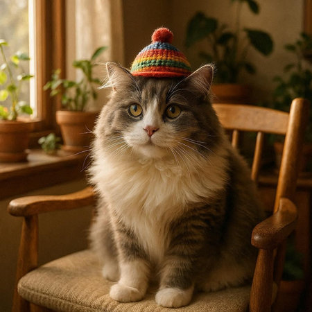 Cute fluffy cat in a colorful hat sits on a chair at home.