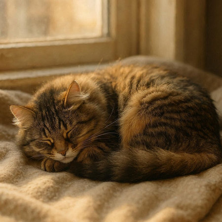 Cute tabby cat sleeping on the windowsill at home.の写真素材