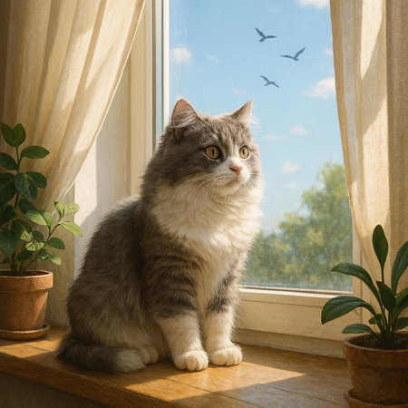 Cat sitting on a window sill with a bird in the background.