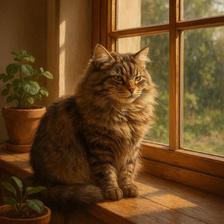 Siberian cat sitting on the window sill and looking out the windowの写真素材