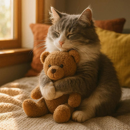 Cute cat and teddy bear sitting on the bed at homeの写真素材