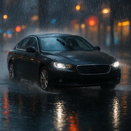 Car driving on the wet road during a heavy rain. Blurred background.