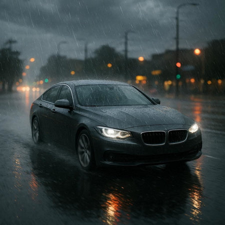 Car on the road in heavy rain. Rainy day concept.の写真素材