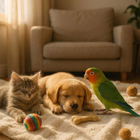 Cat and dog with a parrot on the carpet in the roomの写真素材