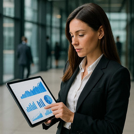 Businesswoman using digital tablet with charts and graphs on screen in office