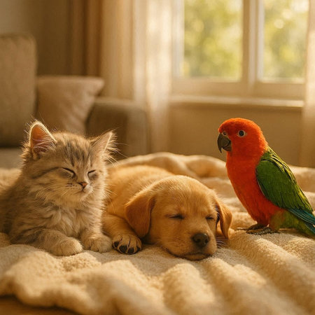 Cat and dog lying on the bed with a pet parrot.の写真素材
