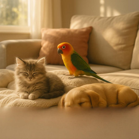 Cat and dog with parrot on sofa at home. Pet care concept