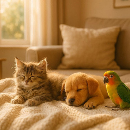 Cat and dog sleeping together on the bed at home. Pet care concept.の写真素材