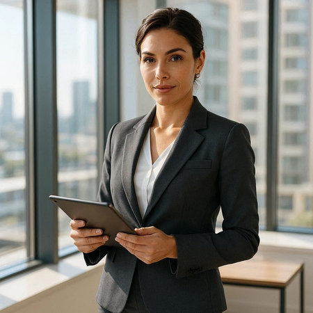 Confident young businesswoman using digital tablet while standing in modern office