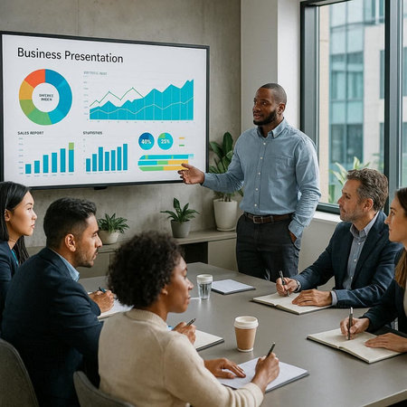 Business people working on whiteboard in modern office. Multiethnic group of businesspeople sitting...
